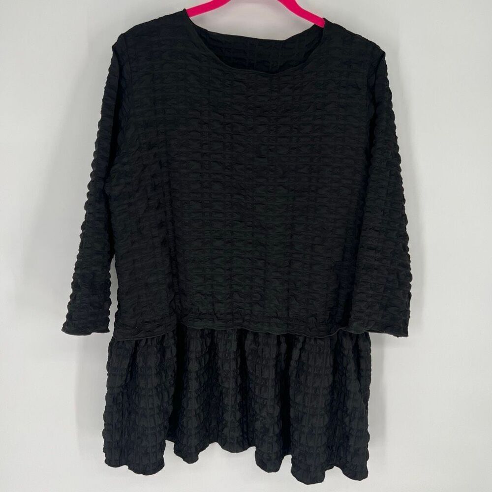 HEYDARI Women’s Textured Tunic Top Large Black Peplum Long Sleeve Made in USA